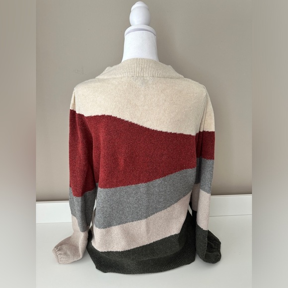 Striped Women’s Sweater with Bell Sleeves and Mock Turtleneck - Picture 5 of 7